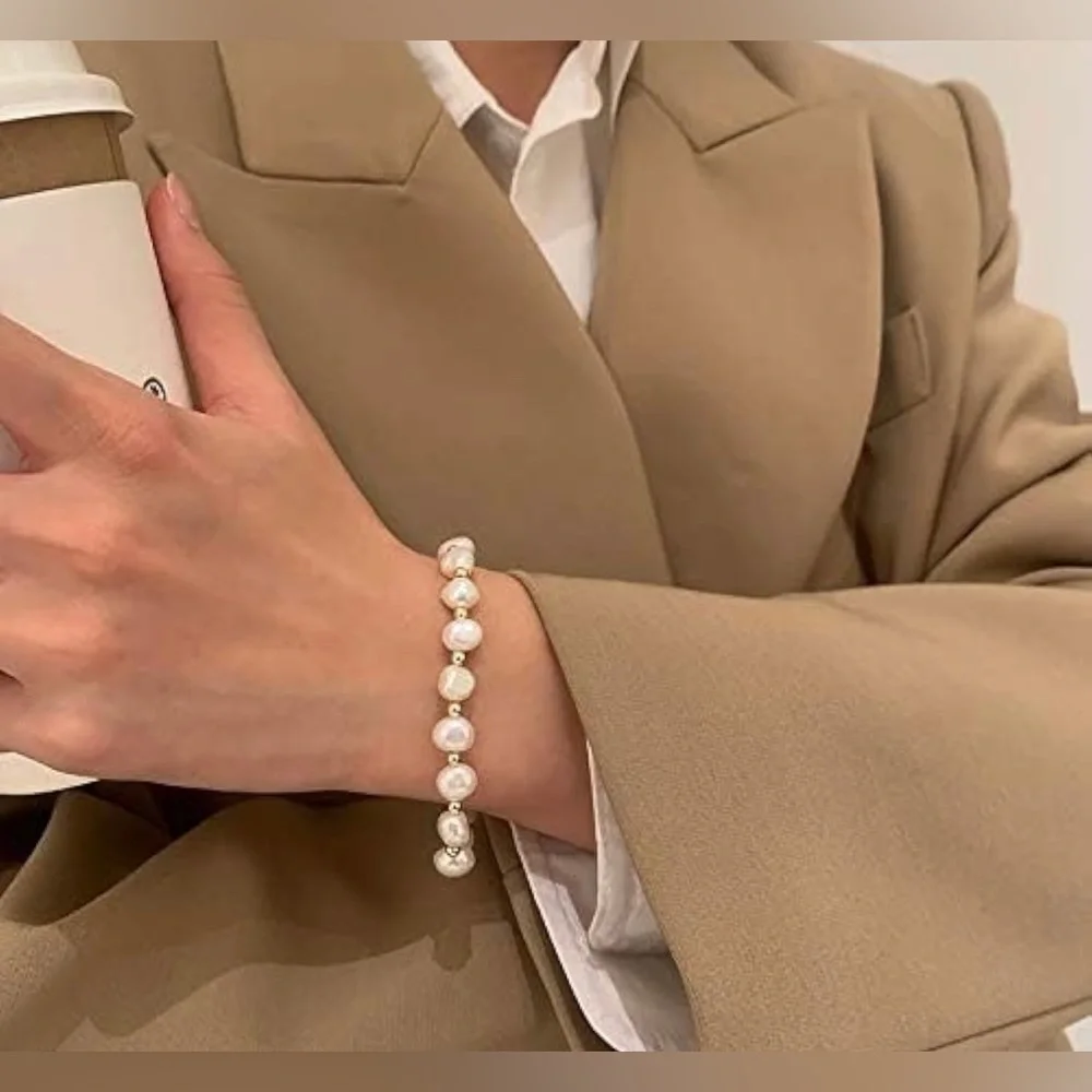 NWT Pearl Bracelet Chain Link Baroque Culture Bossimi 14K Gold Filled Adjustable